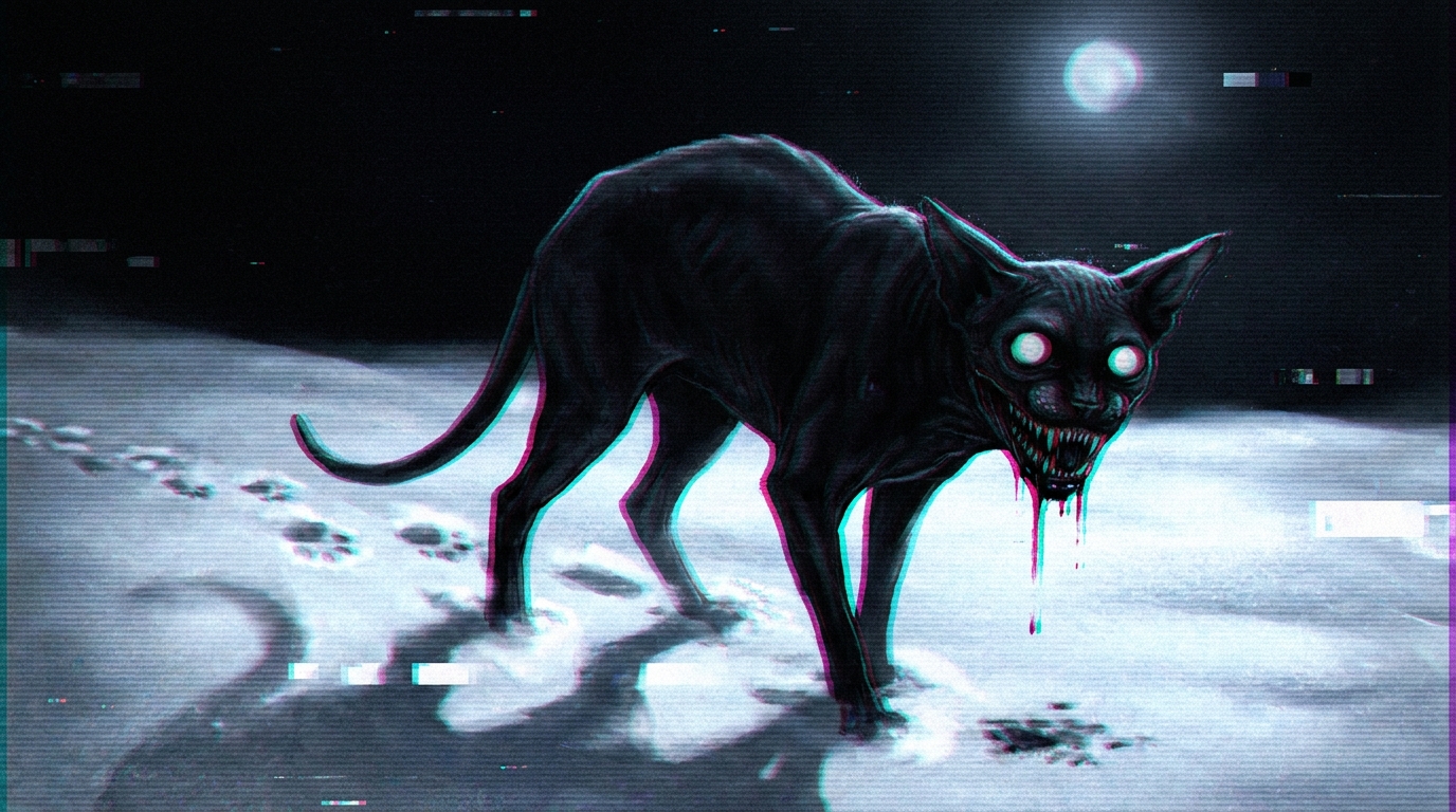 Glitch-art illustration of the keelut — a gaunt, hairless black spirit-dog crossing arctic snow at night, glowing pale eyes, its paw prints dissolving into static behind it